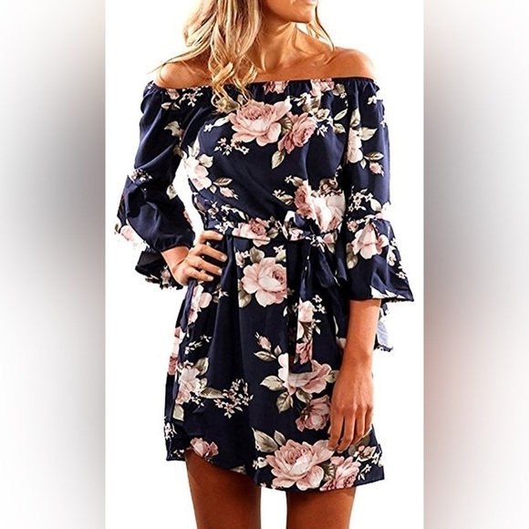 New Women’s Off Shoulder Ruffles Floral Tunic Casual Party Shift Short Dress Med - Picture 1 of 5